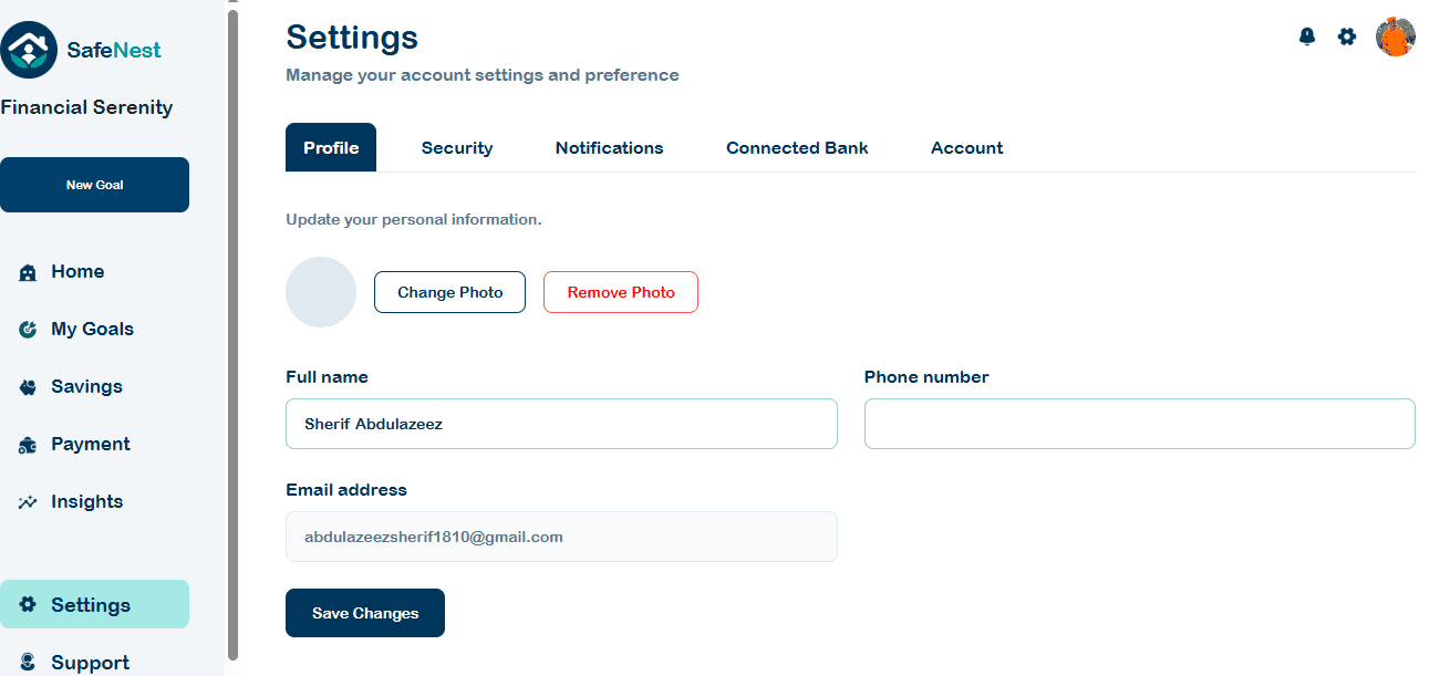 SafeNest settings page